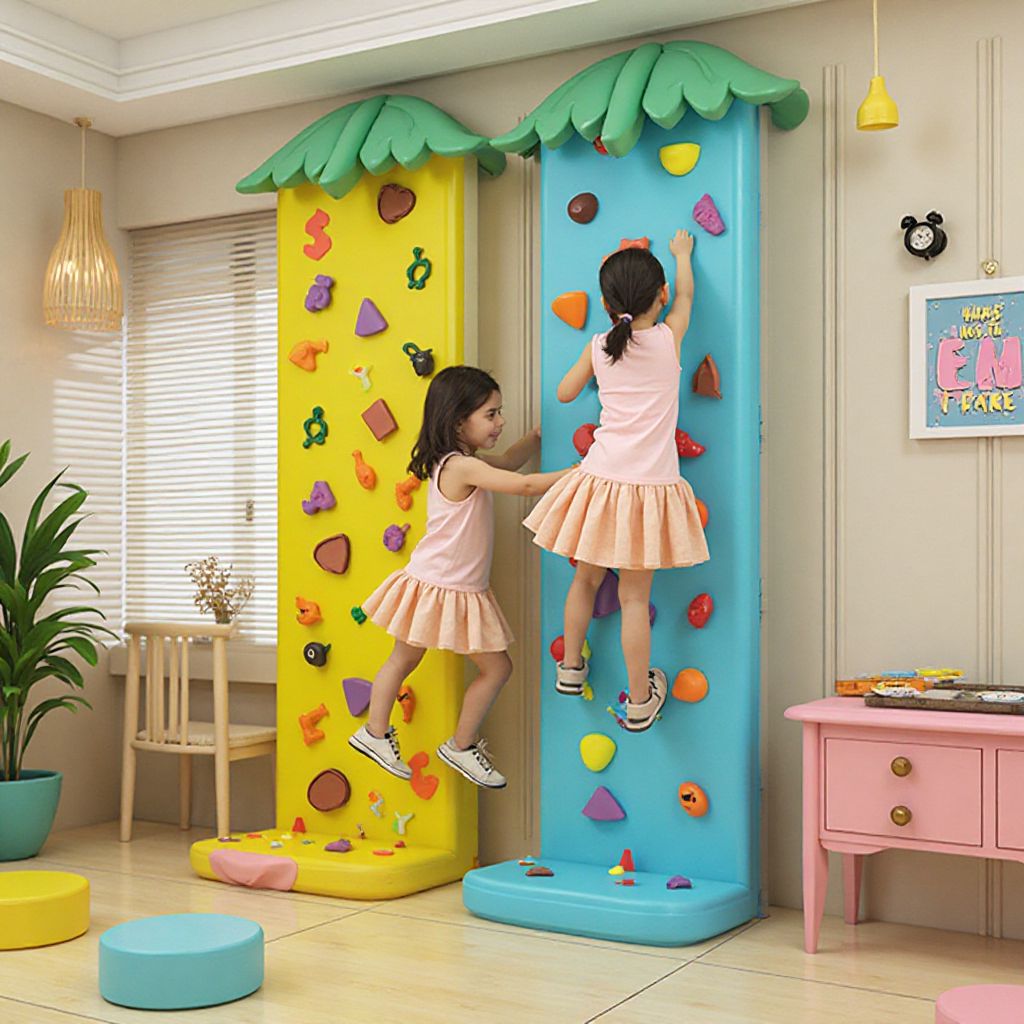 Children climbing colorful adventure wall